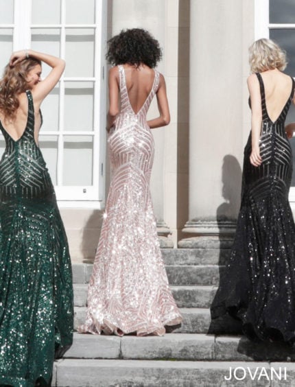 Models showcasing the back of the Jovani 59762 gown in green, pink, and black with sequin details.