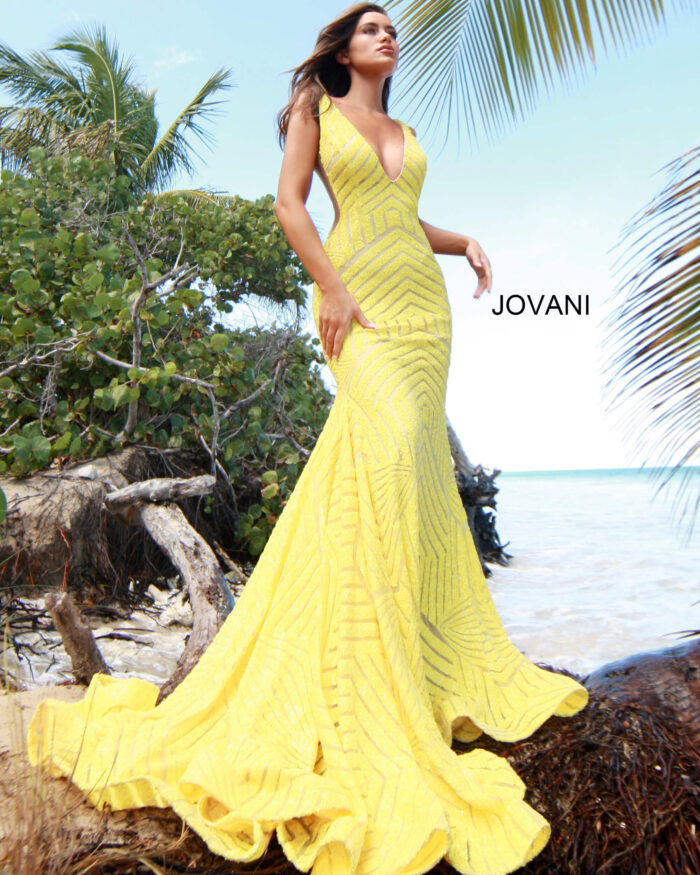 Model wearing Jovani 59762 Sequin Embellished V Neck