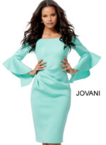 Model wearing Jovani 59992 aqua dress, showcasing long ruffle sleeves.