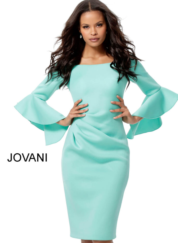 Model wearing Jovani 59992 Aqua Scuba Bell Sleeve Knee Length Dress
