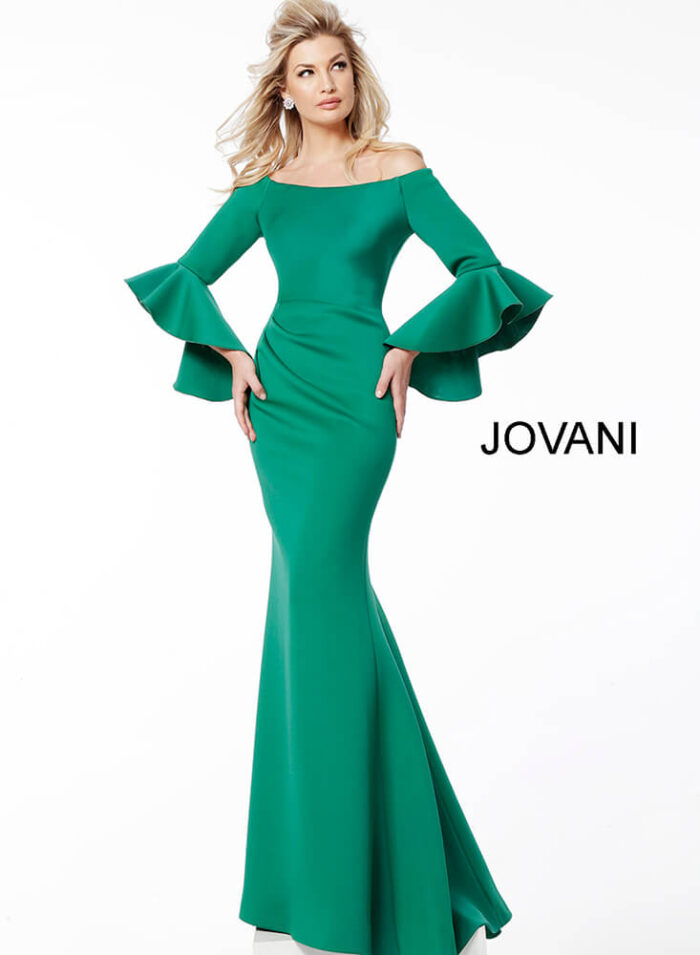 Model wearing Jovani 59993 Scuba Off the Shoulder Bell Sleeves Mother of the Bride Dress