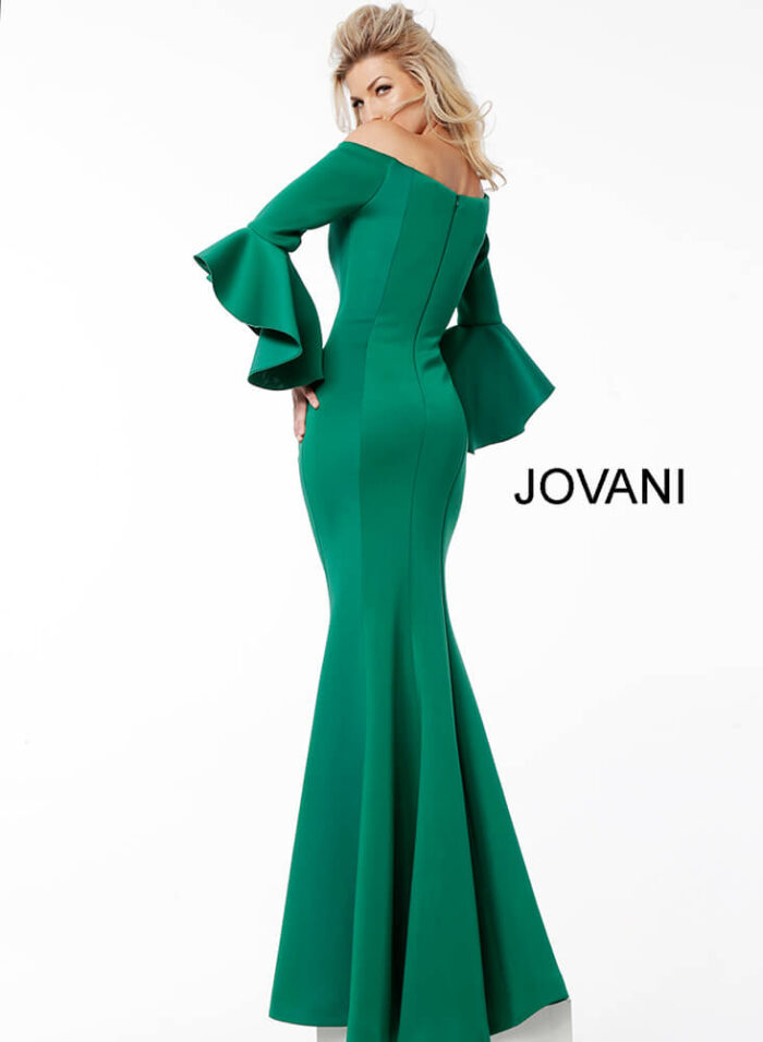 Model wearing Jovani 59993 Scuba Off the Shoulder Bell Sleeves Mother of the Bride Dress