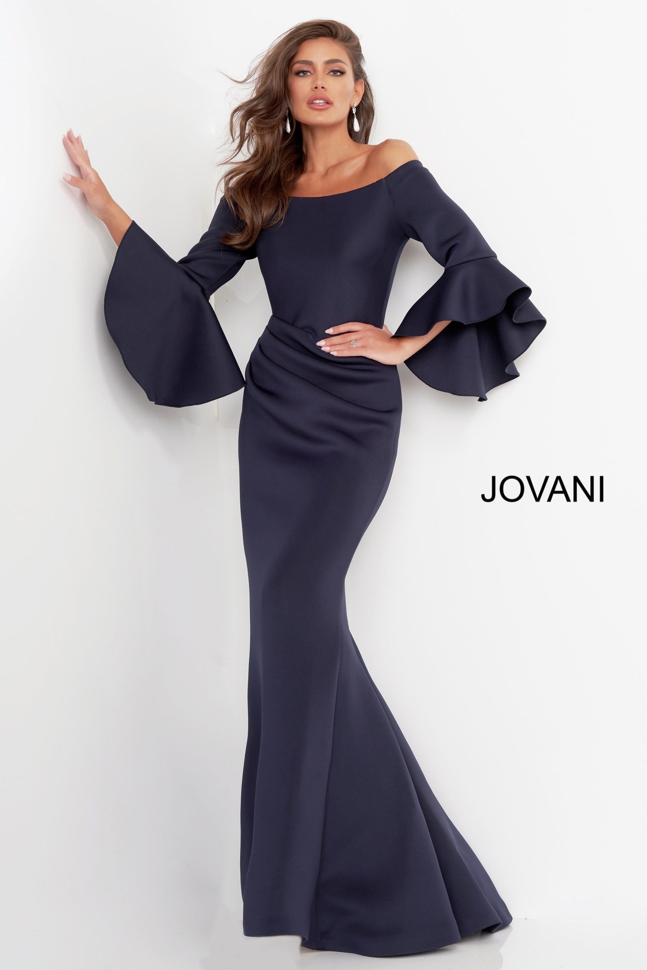 Jovani 59993 Scuba Off the Shoulder Bell Sleeves Mother of the Bride Dress