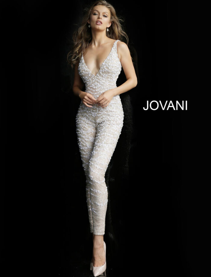 Model wearing Nude White Plunging Neckline Beaded Prom Jumpsuit 60010