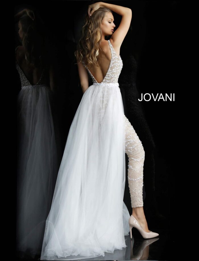 Model wearing Nude White Embellished Bridal Jumpsuit with Overskirt 60010