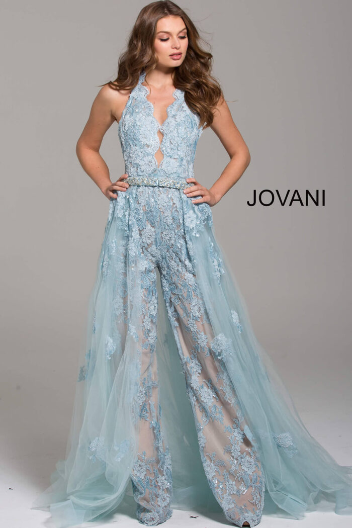Model wearing Light Blue Lace Halter Neck Prom Jumpsuit 60124