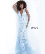 model wearing Jovani 60283 light blue dress with floral applique, front view