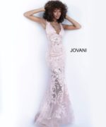 model wearing Jovani 60283 rose gold dress with floral applique, front view