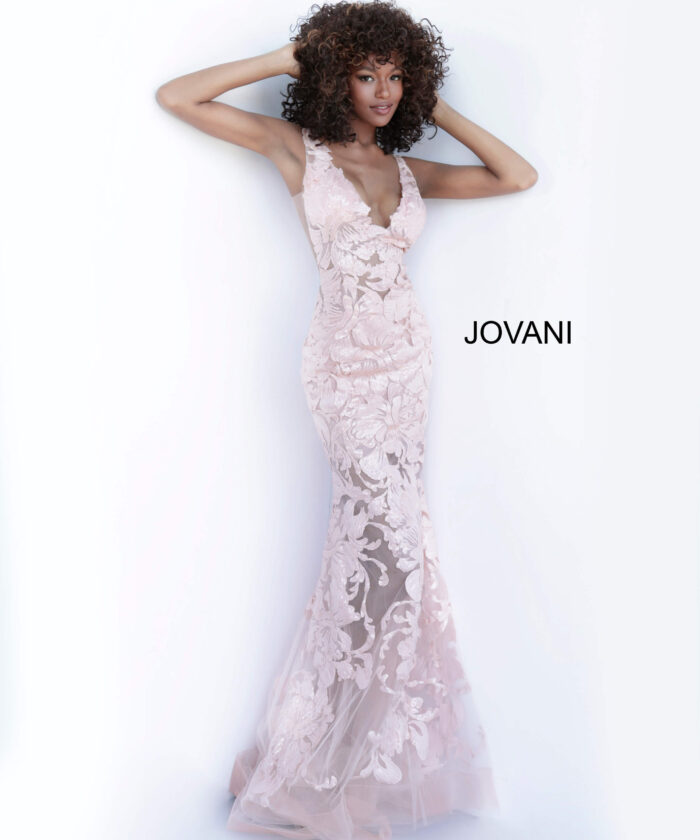 Model wearing Jovani 60283 Red Plunging Neckline Embellished Dress