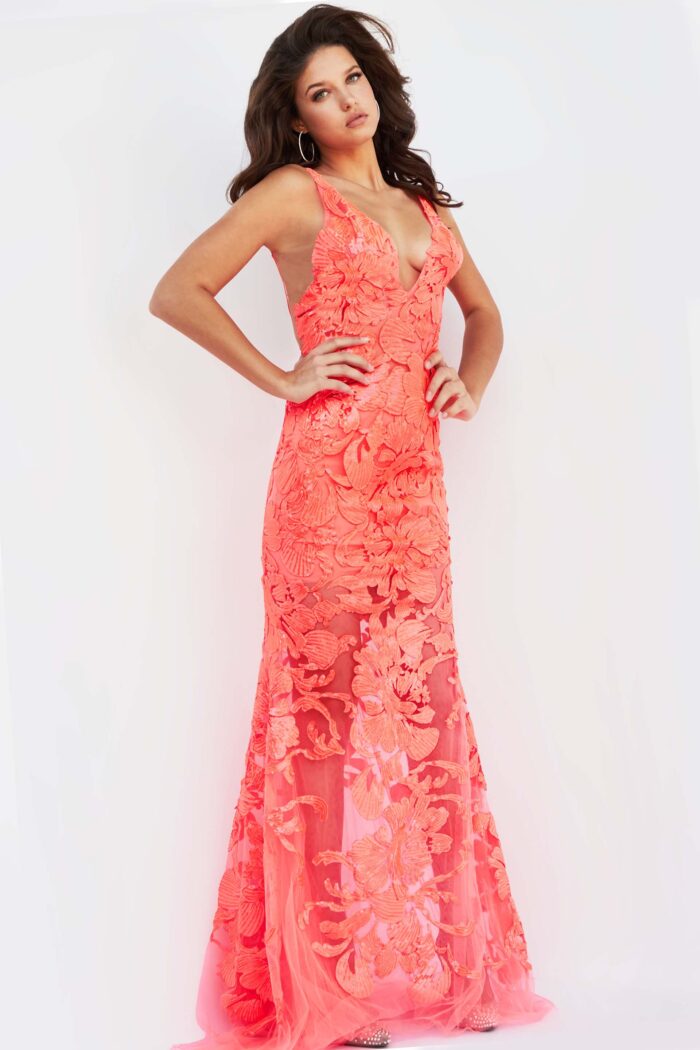 Model wearing Jovani 60283 Pink V Neck Sexy Prom Dress