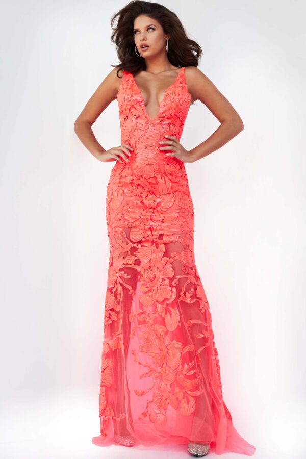 Jovani 60283 Red Plunging Neckline Embellished Dress - Jovani