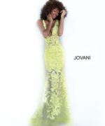 model wearing Jovani 60283 yellow dress with floral applique, front view