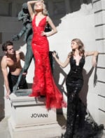 models wearing Jovani 60283 red and black dresses with floral applique, front view