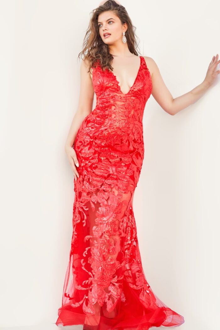 Model wearing Jovani 60283 Red Embellished Illusion Plus Size Prom Dress