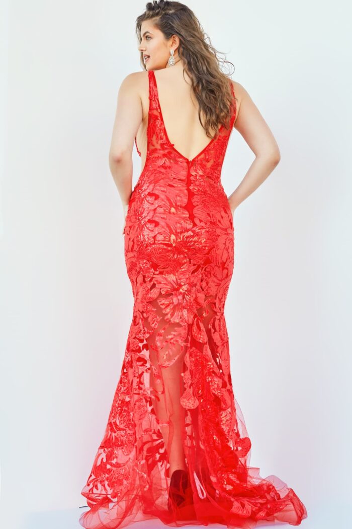 Model wearing Jovani 60283 Red Embellished Illusion Plus Size Prom Dress