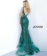 model wearing Jovani 60283 green dress with floral applique, back view