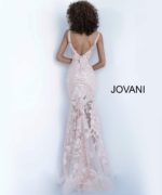 model wearing Jovani 60283 pink dress with floral applique, back view