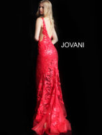 model wearing Jovani 60283 red dress with floral applique, back view