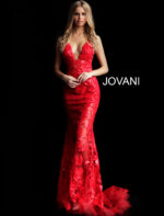 model wearing Jovani 60283 red dress with floral applique, front view