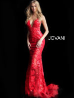 model wearing Jovani 60283 red dress with floral applique, front view