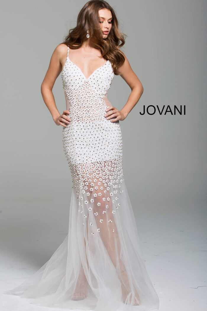 Model wearing Off White Beaded Dress 60695