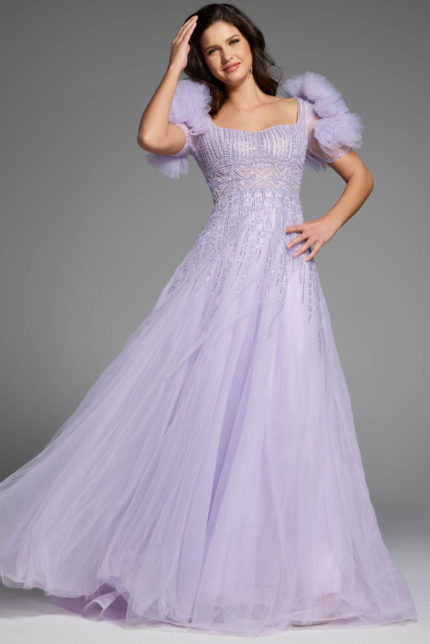 Puffy sleeve lavender evening gown with intricate beading and flowing tulle skirt.