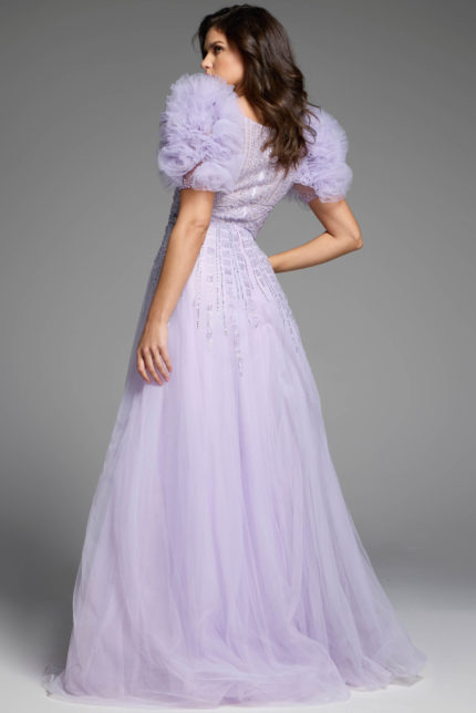 Back view of a lilac gown showcasing puffed sleeves and detailed beadwork.