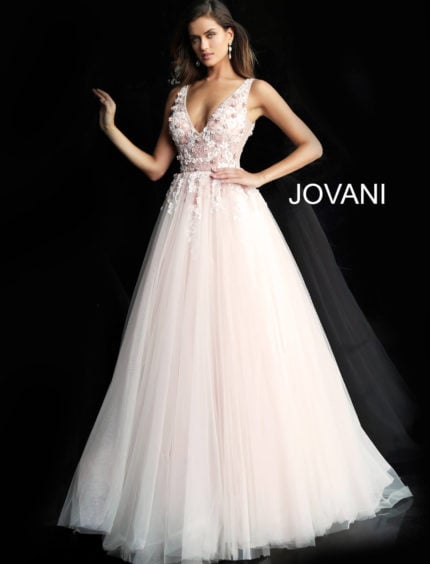 model wearing Jovani 61109 blush gown, front view with floral bodice