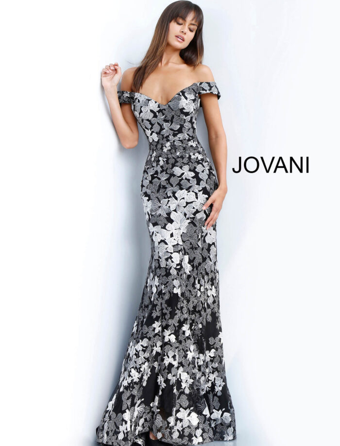 Model wearing Jovani 61380 Black Grey Floral Embroidered Off the Shoulder Evening Dress