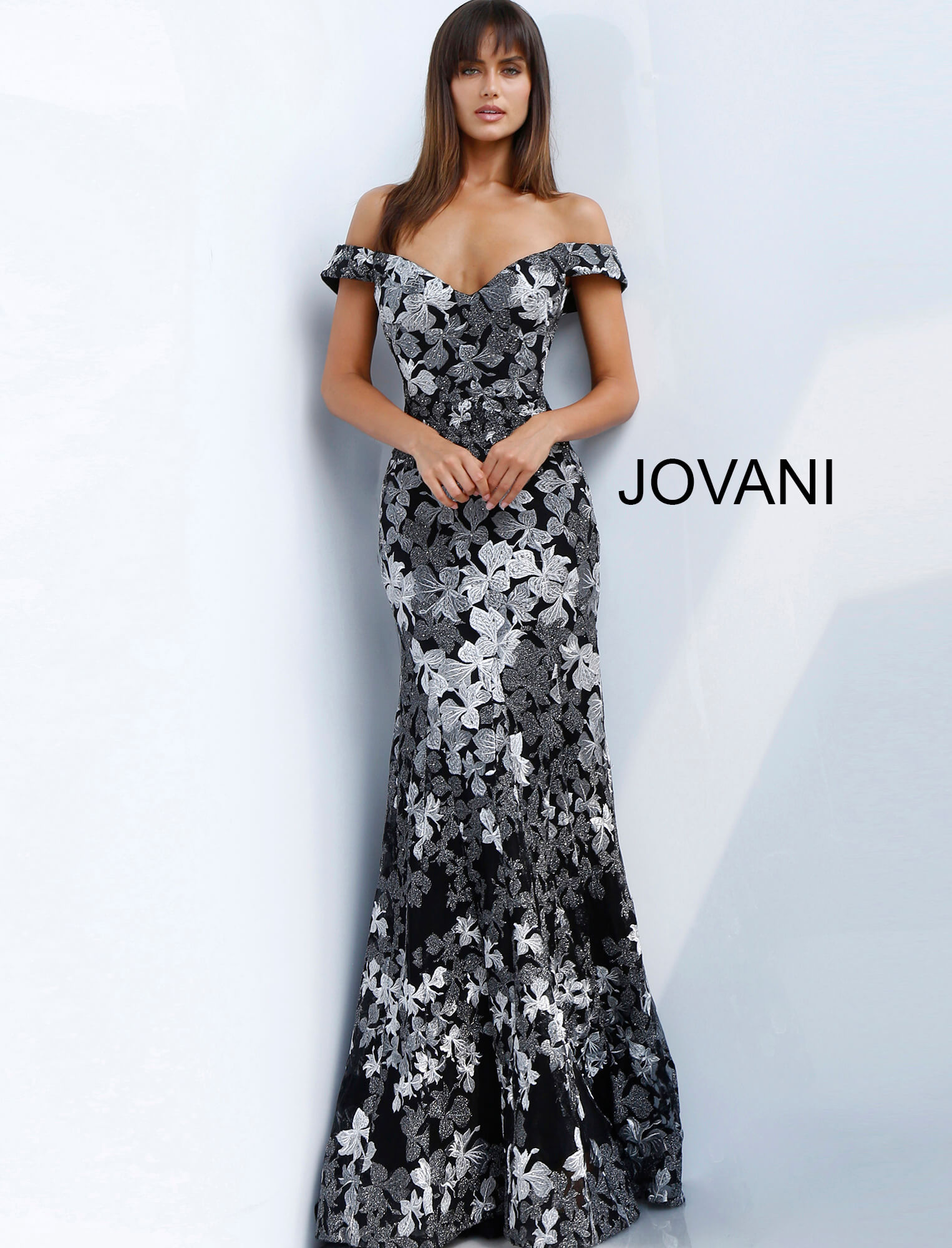 Jovani 61380 Black Grey Floral Embroidered Off the Shoulder Evening Dress