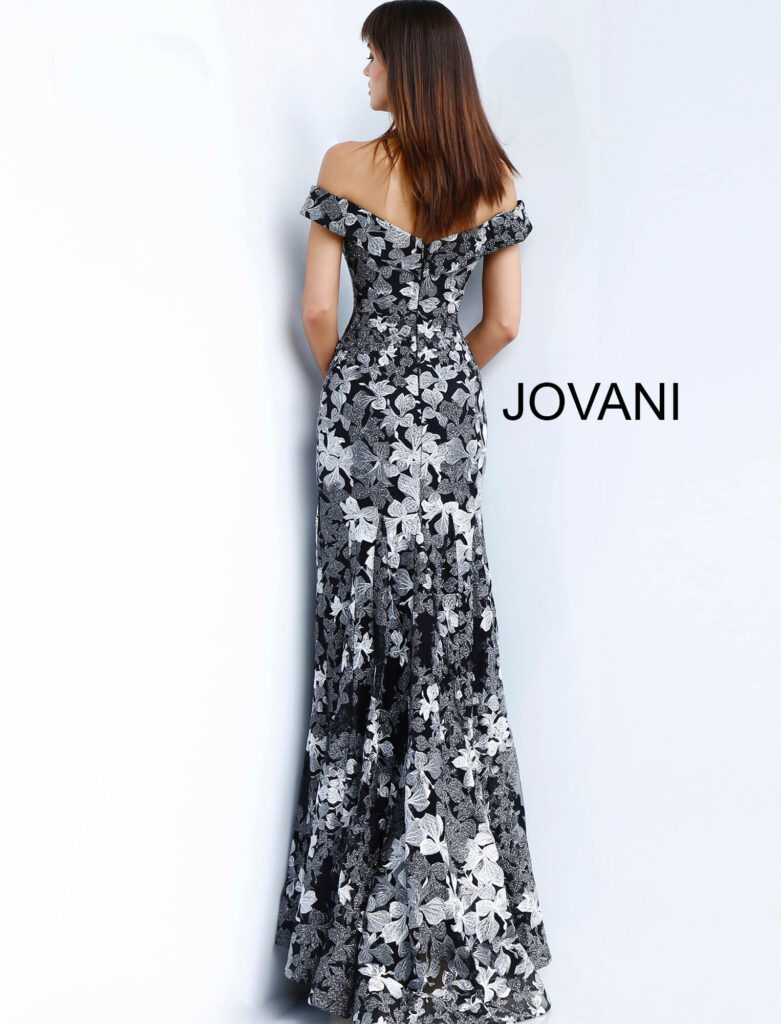 Jovani 61380 Black Grey Floral Embroidered Off the Shoulder Evening Dress