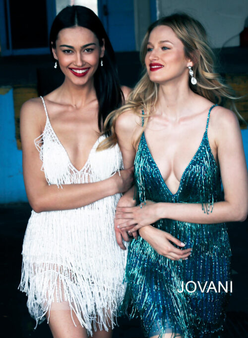 Model wearing Jovani 61883 Teal Fringe Spaghetti Strap Cocktail Dress