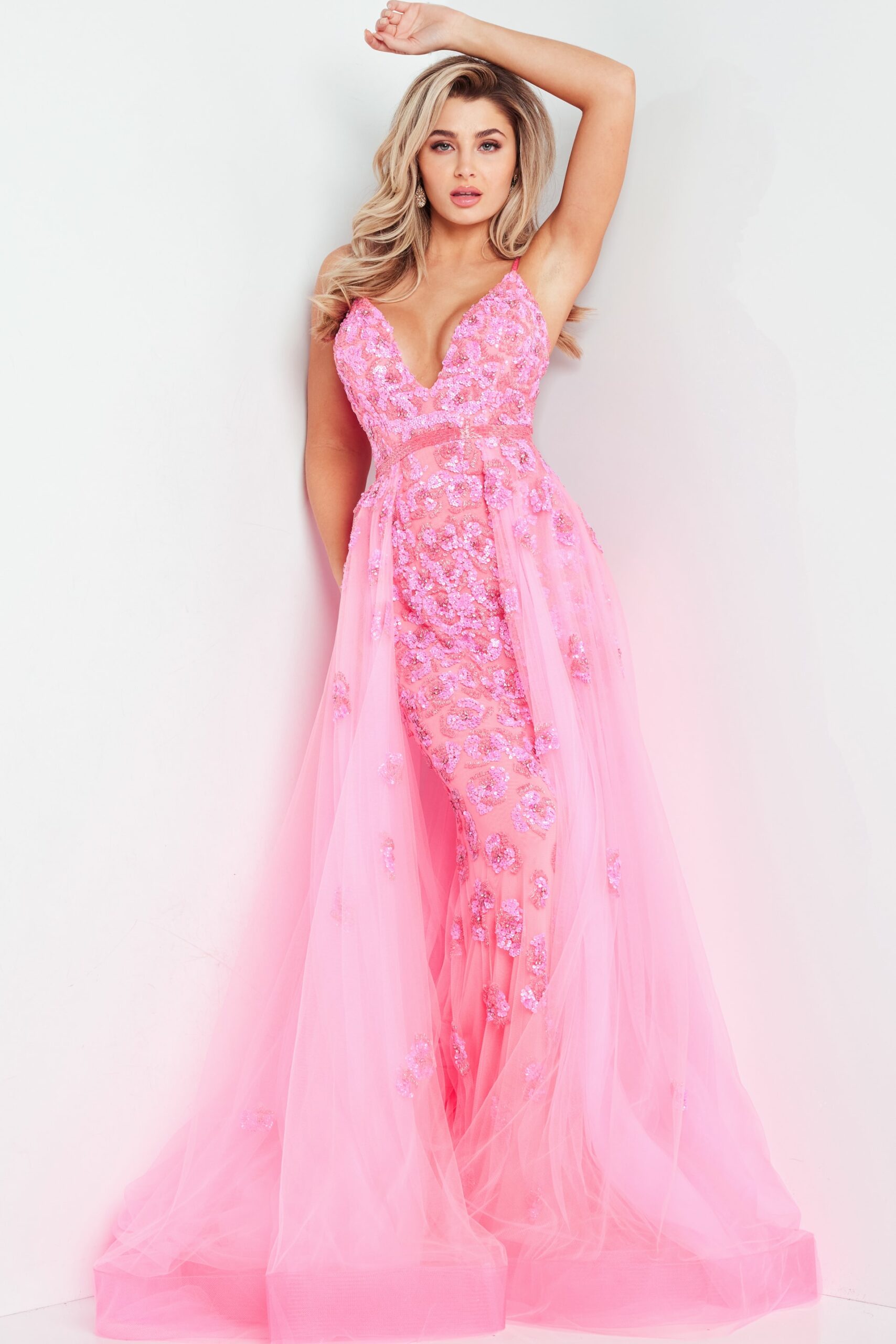 Hot Pink Embellished Plunging Neck Gown 62929