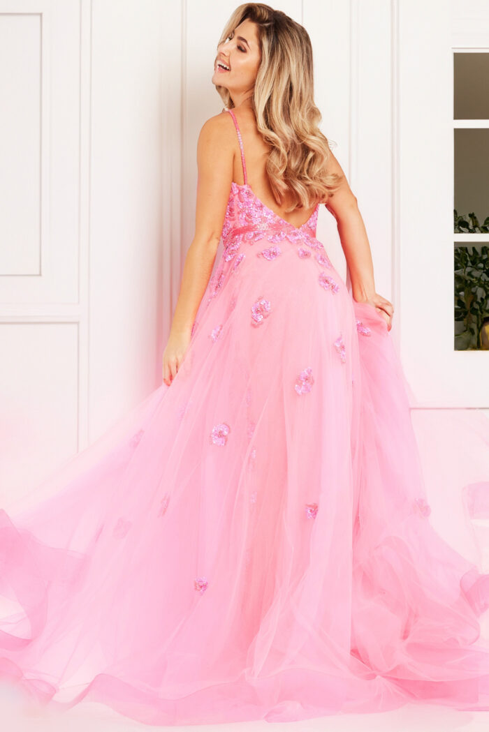 Model wearing Hot Pink Embellished Plunging Neck Gown 62929