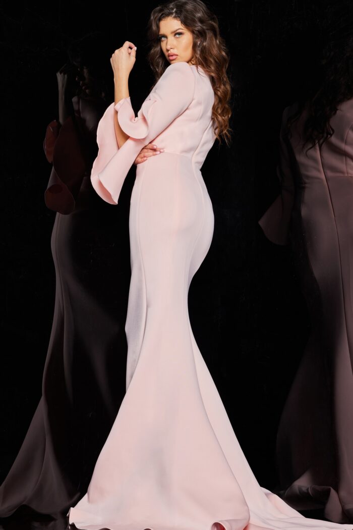 Model wearing Blush Ruffle Sleeve Long Formal Gown 63168