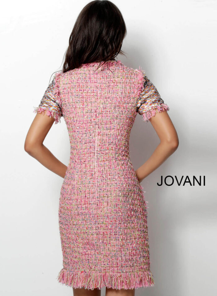Model wearing Jovani 63219 Short multi color knitted dress