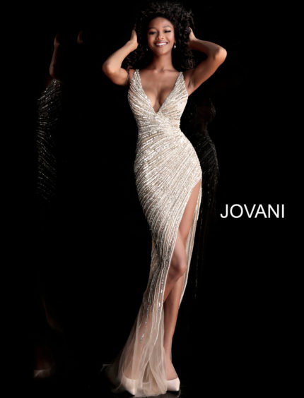 Model wearing Jovani 63405 gold sequin dress with high slit and deep V-neckline