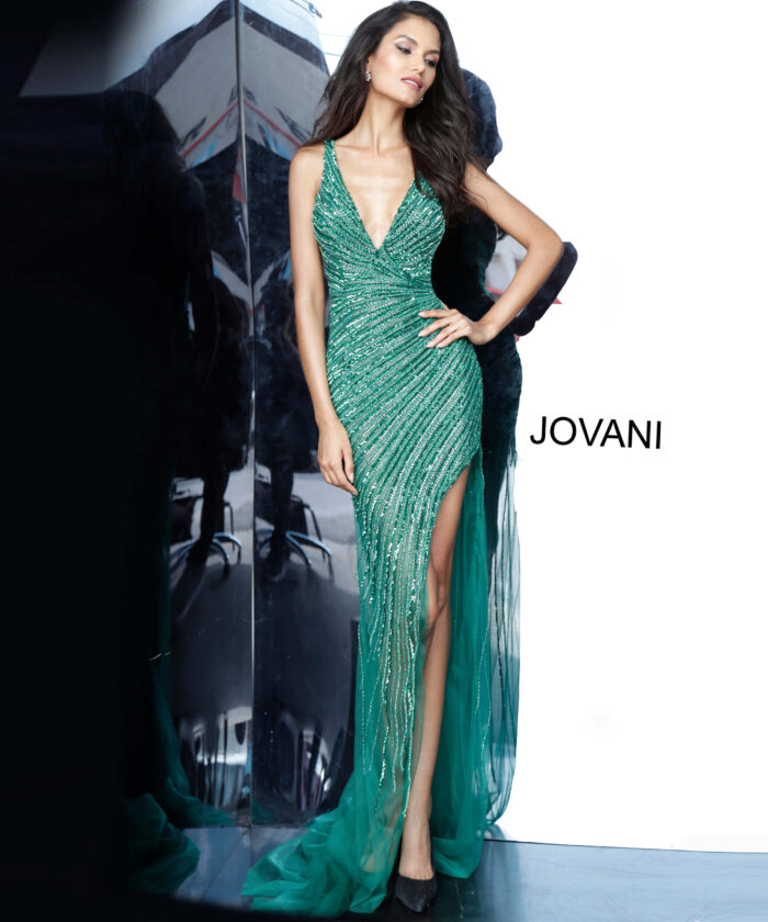 Model wearing Jovani 63405 Emerald Fully Beaded Dress