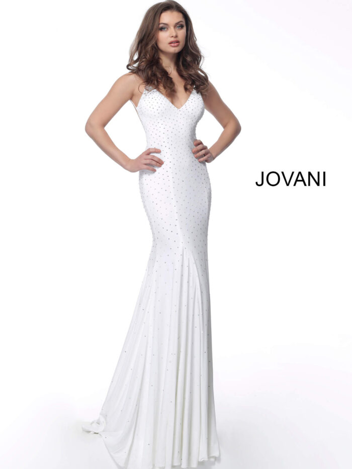 Model wearing Backless Embellishedsss Jersey Jovani Dress 63563