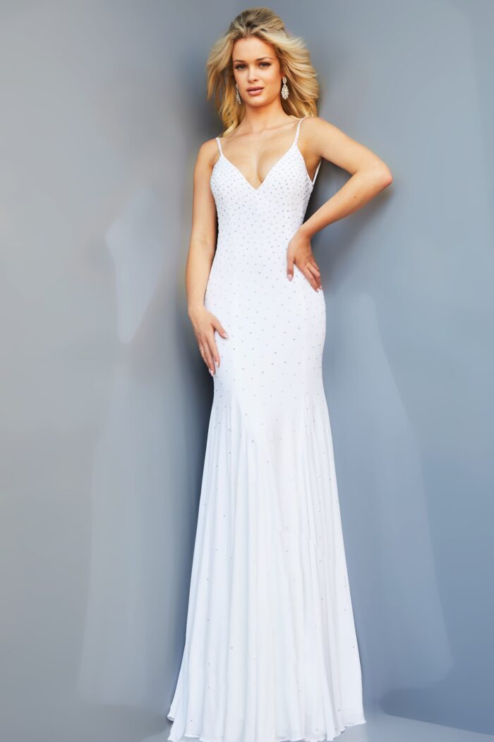 Model wearing White Jersey Beaded Dress 63563