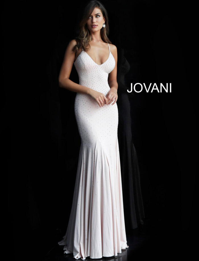 Model wearing Backless Embellishedsss Jersey Jovani Dress 63563