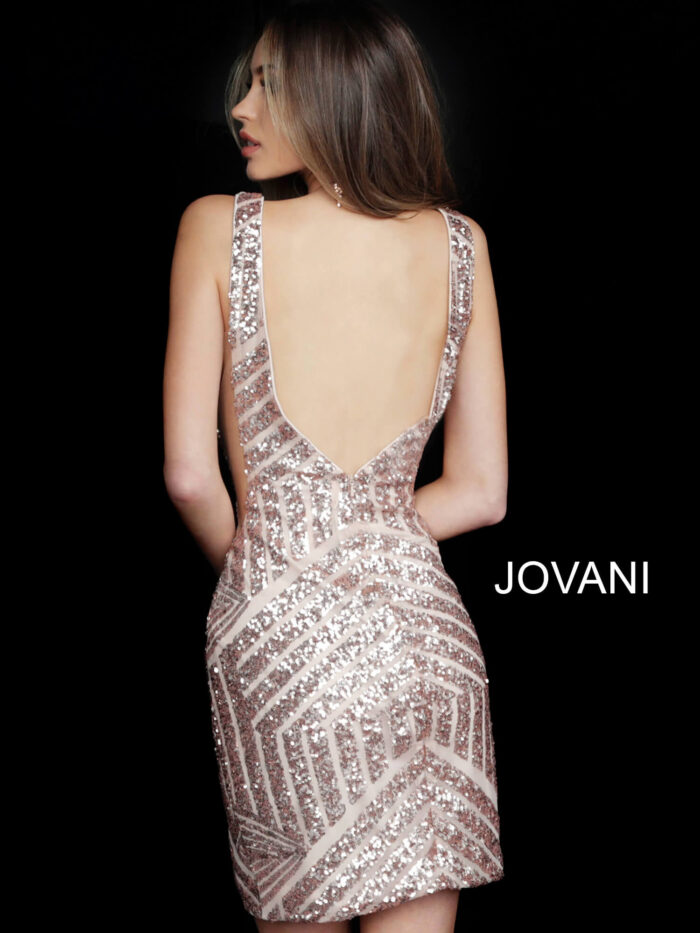 Model wearing Jovani 63899 Form Fitting Embellished Plunging Neck Short Dress 