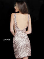 Blush Jovani 63899 dress back view with V-shape and glittering sequin embellishments.