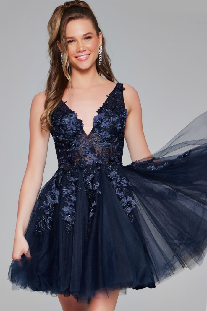 Model wearing Jovani Fit and Flare floral applique 63987