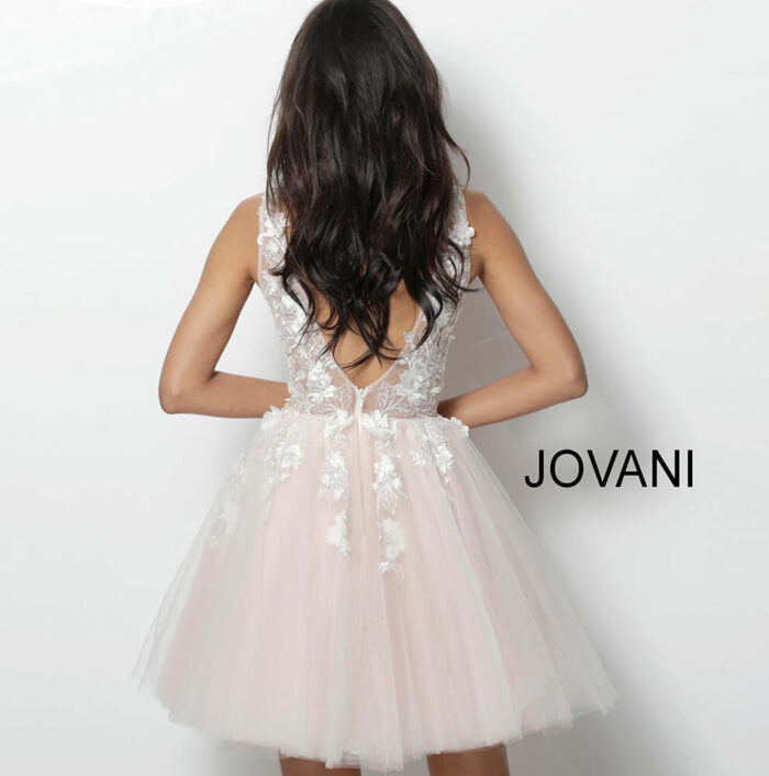 Model wearing Jovani Fit and Flare floral applique 63987