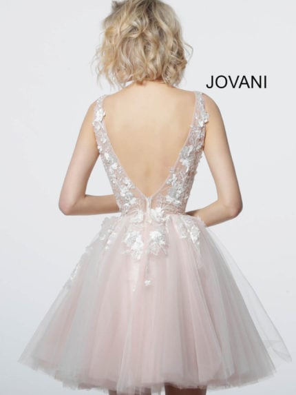 Back view of Jovani 63987 dress showcasing floral applique.