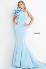 Model wearing Jovani 63994 light blue mermaid dress with one-shoulder ruffle front view.