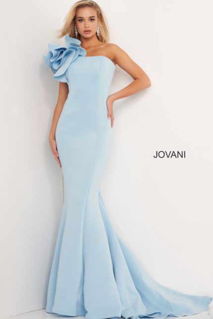 Model in Jovani 63994 light blue mermaid gown one-shoulder ruffle detail.