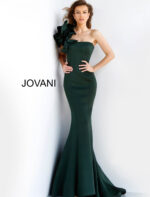 Model wearing Jovani 63994 dark green mermaid dress one-shoulder ruffle.