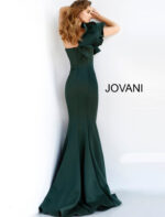 Back view of Jovani 63994 dark green mermaid gown with ruffle detail.